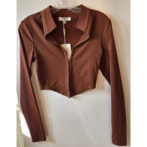 Simmi London Top Womens 6 Corset Tobacco Hook & Eye Cropped Long Sleeve Stretch